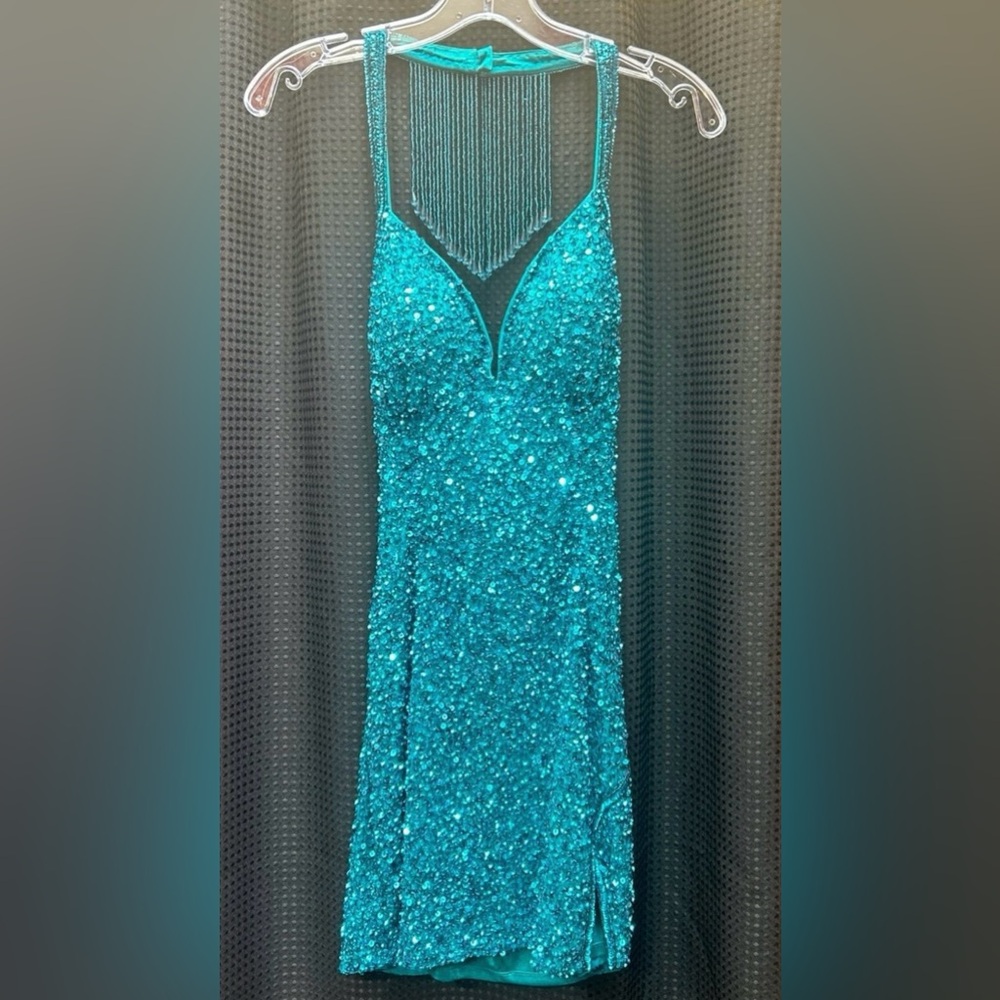 Rachel Allan Teal Sequin Prom Dress